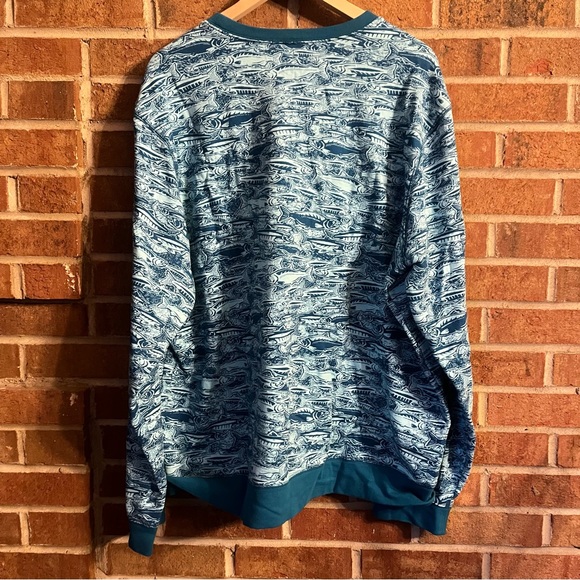 Eddie Bauer Men XL Turquoise All Over Fish Print Fleece Lined Crew Sweatshirt - Picture 12 of 12